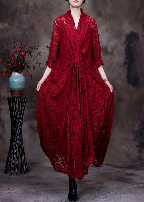 Italian Red V Neck Asymmetrical Patchwork Lace Maxi Dresses Long Sleeve Sheer Lace Dress