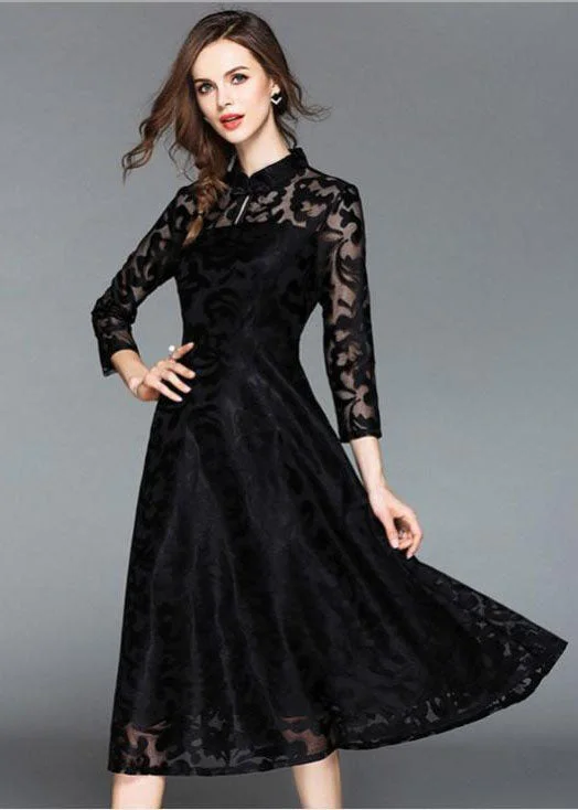 Black Embroideried Lace Vintage Dress Stand Collar Fall Casual Lace Dress