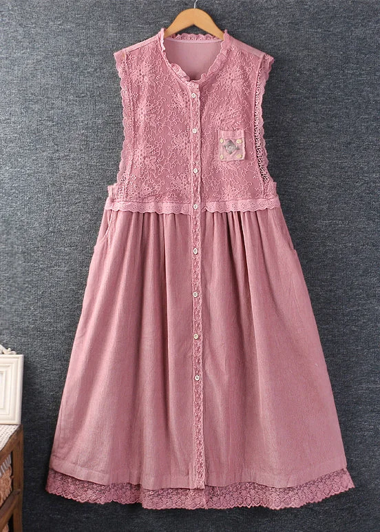 French Pink Ruffled Pockets Lace Patchwork Corduroy Dress Sleeveless Lace Dress Formal