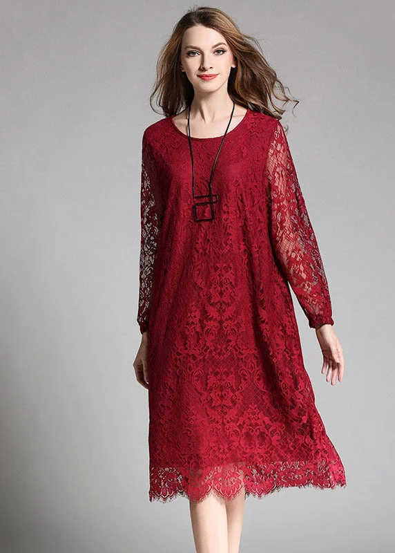 Unique Red O-Neck Hollow Out Lace Long Dress Long Sleeve Lace Dress Glamour