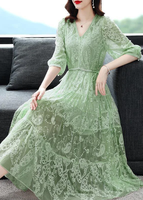 Italian Green Lace Up Embroideried Lace Dress Summer Pink Lace Dress