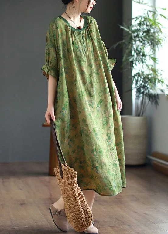 Vintage Green Ruffled Lace Up Print Linen Dress Half Sleeve Lace Dress Look