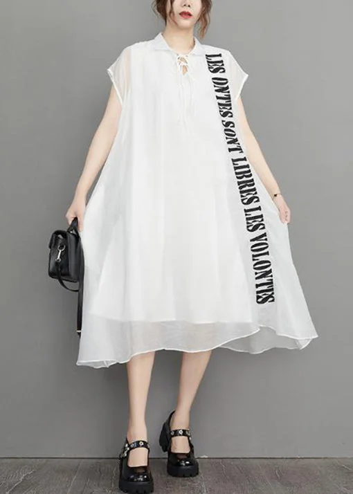 White Lace Up Silk Cotton Long Dress Embroidered Short Sleeve Lace Dress Party