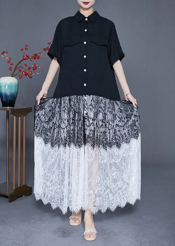 Style Black Peter Pan Collar Lace Patchwork Chiffon Long Dress Summer Lace Dress for Weddings