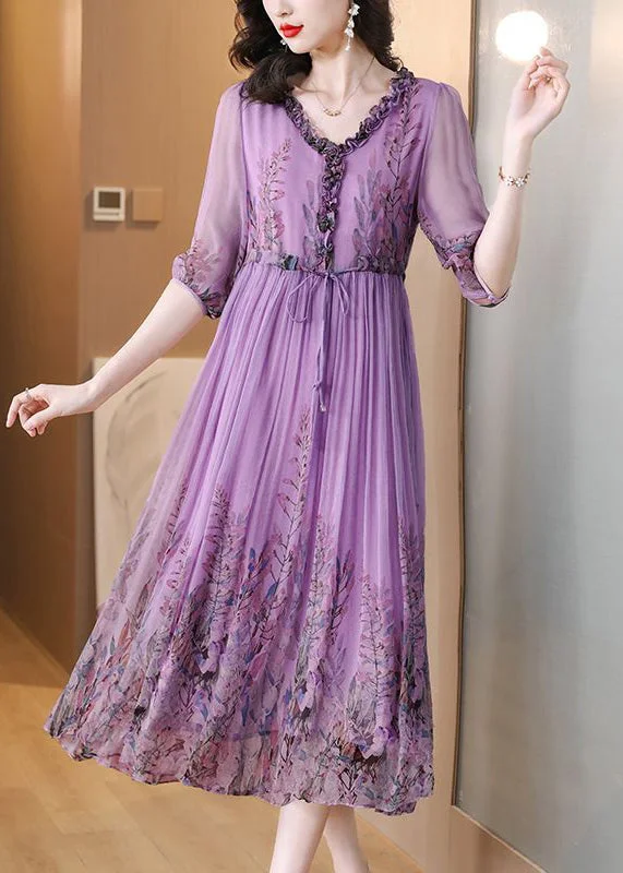 Loose Purple Ruffled Lace Up Print Chiffon Long Dress Half Sleeve Lace Wedding Gown