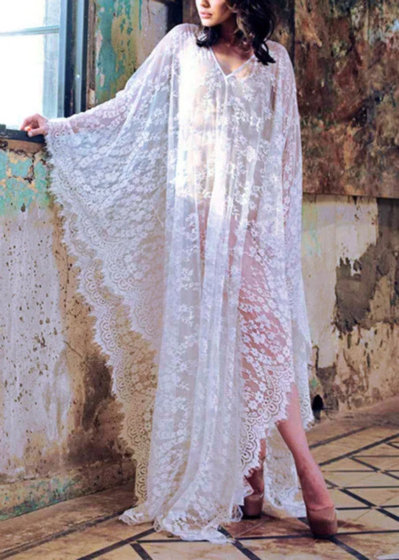 Beautiful White V Neck Lace Long Holiday Dress Batwing Sleeve Lace Dress Perfect