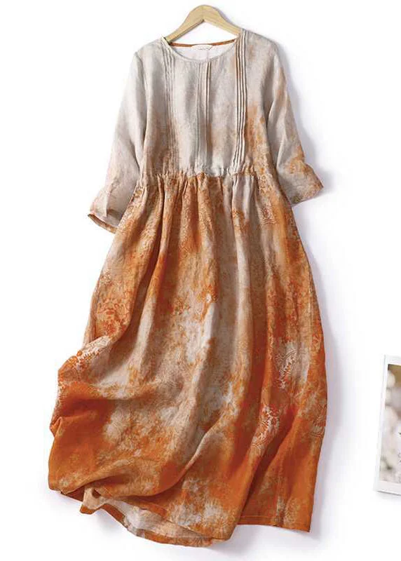 New Orange Print Lace Up Pockets Cotton Long Dress Half Sleeve Lace Dress Day