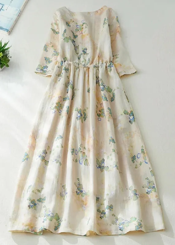 New Apricot Print Lace Up Cotton Long Dress Half Sleeve Lace High Neck Dress