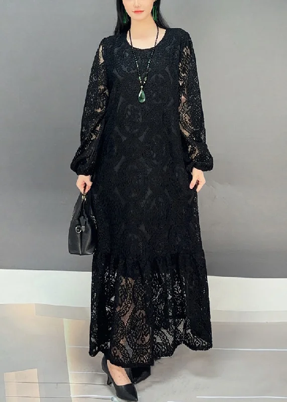 New Black O Neck Hollow Out Lace Long Dresses Fall Chic Lace Dress