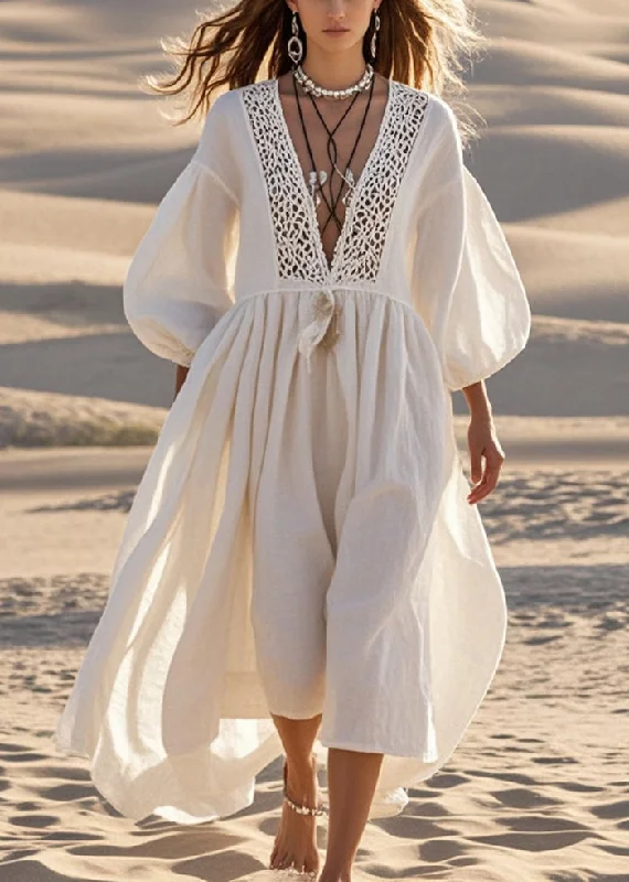 Bohemian White V Neck Patchwork Lace Long Dresses Lantern Sleeve Elegant Lace Design