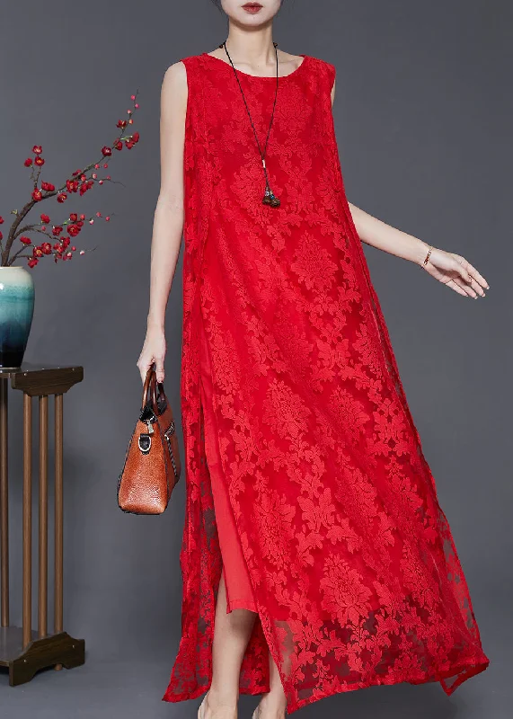 Women Red Oversized Side Open Lace A Line Dresses Sleeveless Lace Dress Elegance