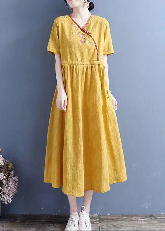 Women Yellow Embroidered Lace Up Linen Dresses Summer Elegant Lace Gown