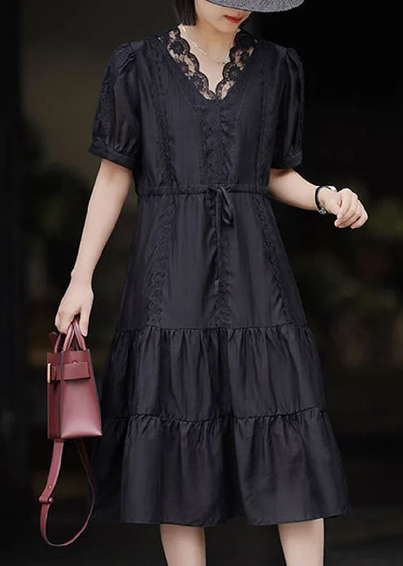 Women Black V Neck Lace Patchwork Chiffon Dresses Summer Flowy Lace Dress