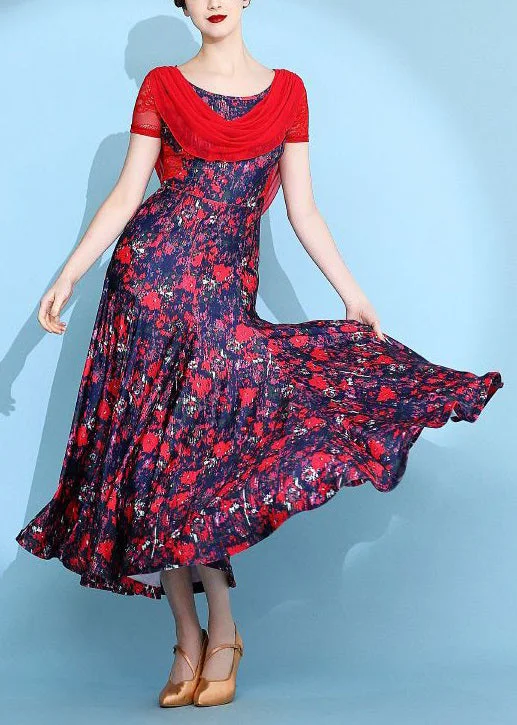 Italian Red Print Lace Patchwork Long Dresses Summer Lace Dress Sleek