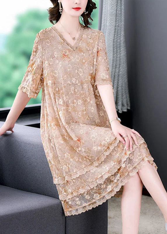 Casual Apricot Embroideried Patchwork Lace A Line Dress Summer Lace Dress Glow