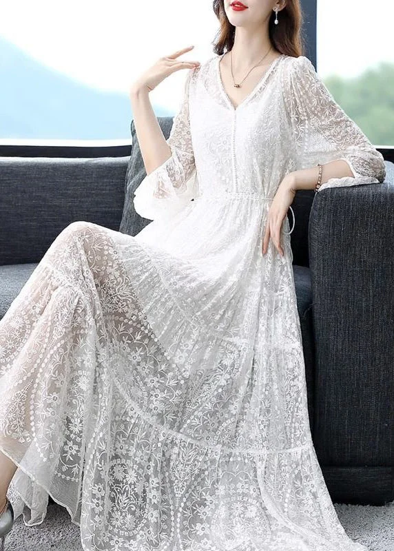 White Lace Up Nail Bead Long Dresses V Neck Summer Modern Lace Dress