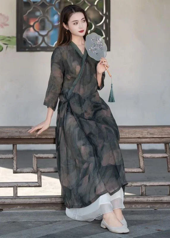 Dark Grey Patchwork Linen Maxi Dresses V Neck Lace Up Summer Lace A-line Dress