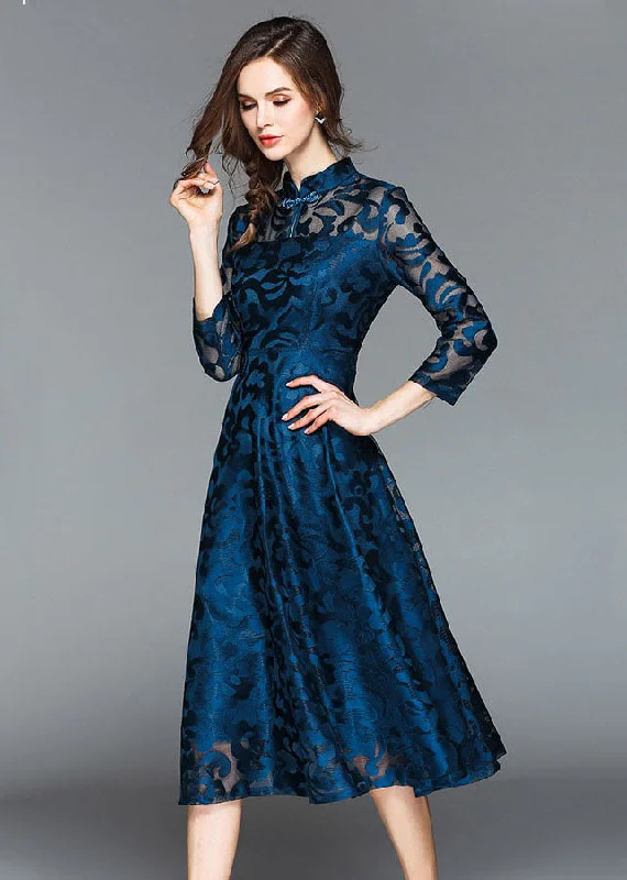 Beautiful Blue Stand Collar Oriental Button Lace Long Dress Fall Lace Dress Sparkle