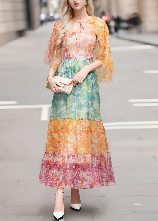 Elegant Colorblock Lace Up Print Chiffon Long Dresses Half Sleeve Lace Fit-and-Flare