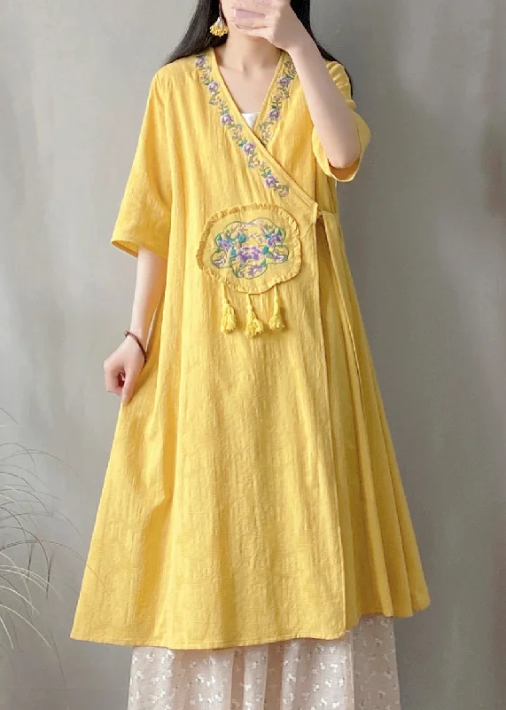 Vintage Yellow V Neck Embroidered Lace Up Cotton Cardigan Summer Simple Lace Gown