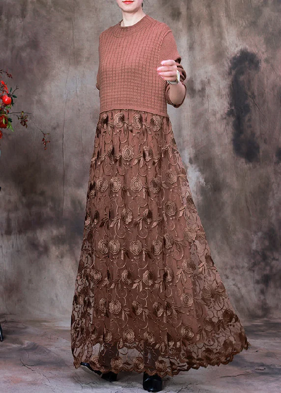 French Chocolate O-Neck Embroideried Lace Patchwork Knit Maxi Dress Long Sleeve Lace Dress Accent