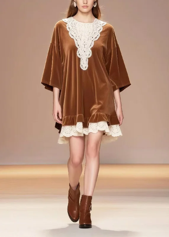 DIY Brown Oversized Lace Patchwork Silk Velvet Tea Dress Spring Lace Dress Lace