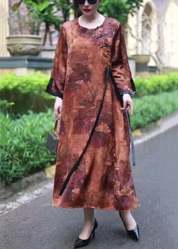 Loose Brown Print Lace Up Silk Long Dresses Spring Bohemian Lace Dress