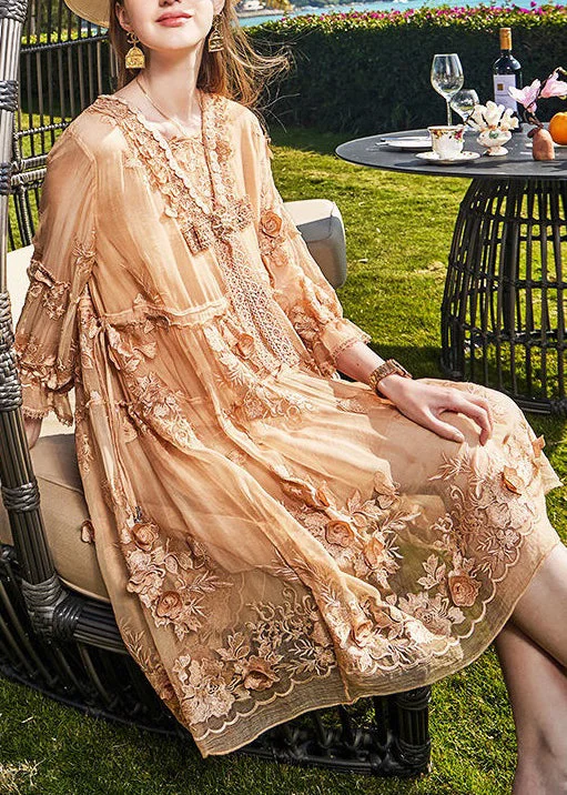 French Apricot Embroidered Lace Patchwork Dress Bracelet Sleeve Lace Detail Gown