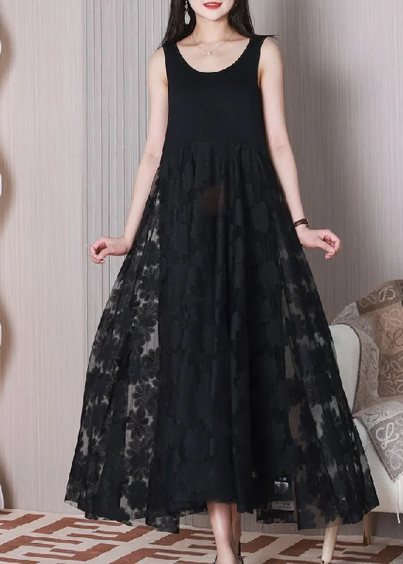 Black Patchwork Lace Vacation Dresses Exra Large Hem Summer Lace Evening Dress