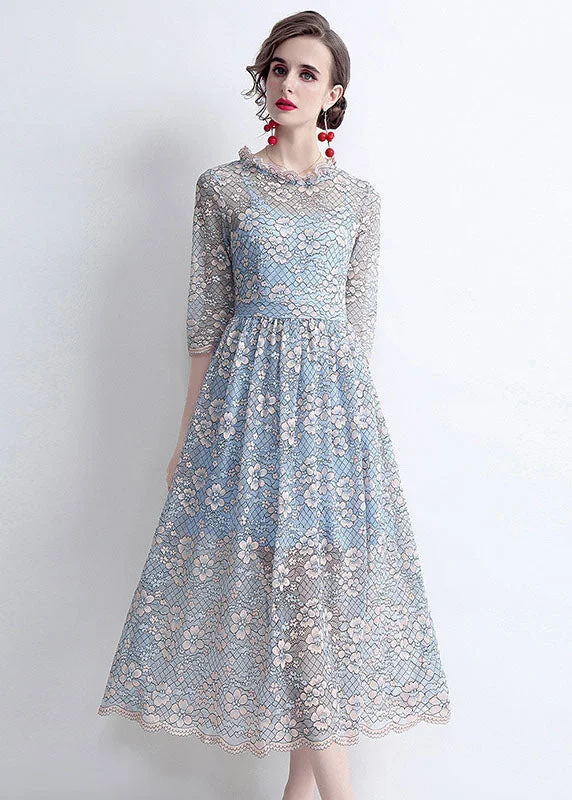 French Blue O-Neck Hollow Out Lace Cinch Dresses Half Sleeve Blue Lace Dress