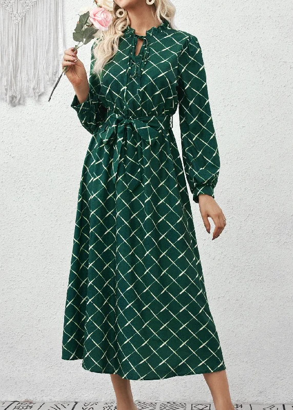 Italian Green Ruffled Print Lace Up Cotton Dress Fall Lace Detail Dress