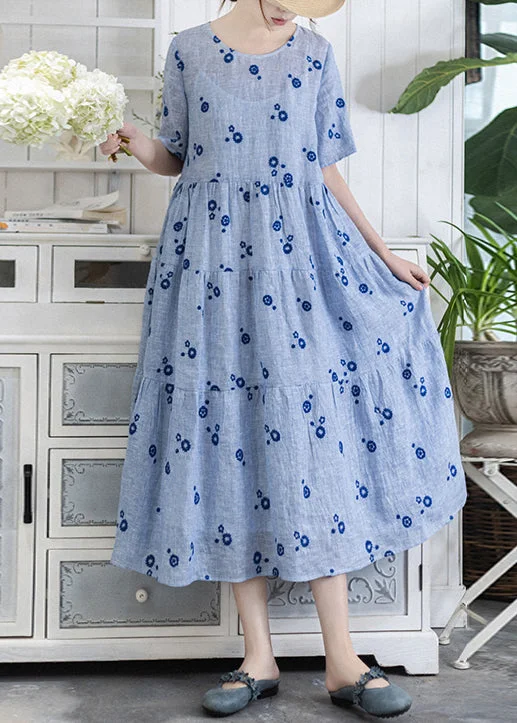 French Blue Embroidered Lace Up Pockets Linen Dress Summer Lace Gown Glam