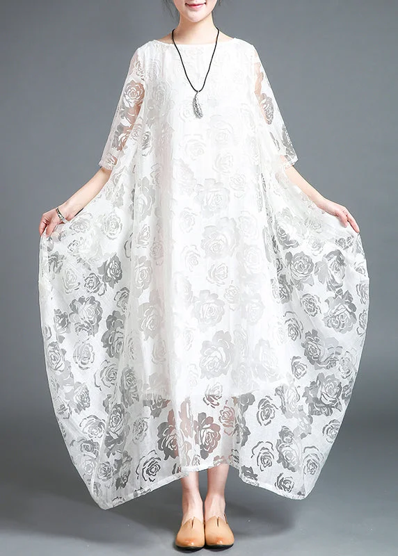 White Hollow Out Lace Vacation Long Dresses Half Sleeve Satin Lace Dress