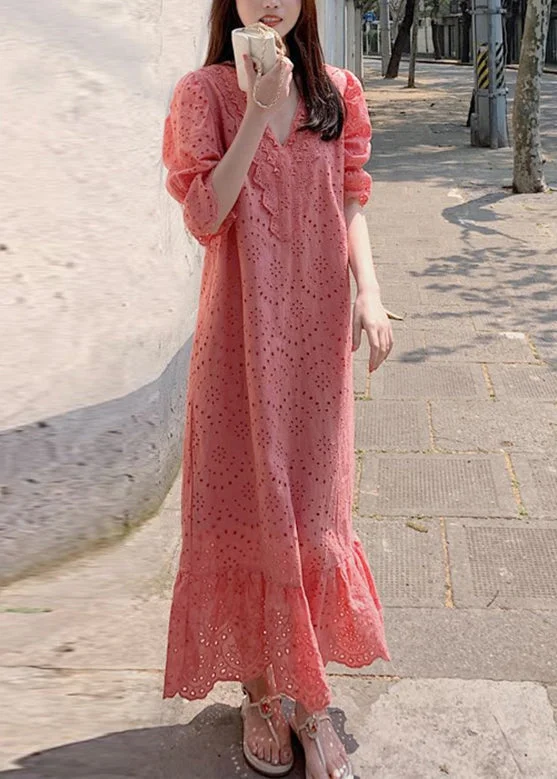 Women Orange V Neck Lace Patchwork Hollow Out Cotton Long Dresses Summer Lace Cocktail Dress