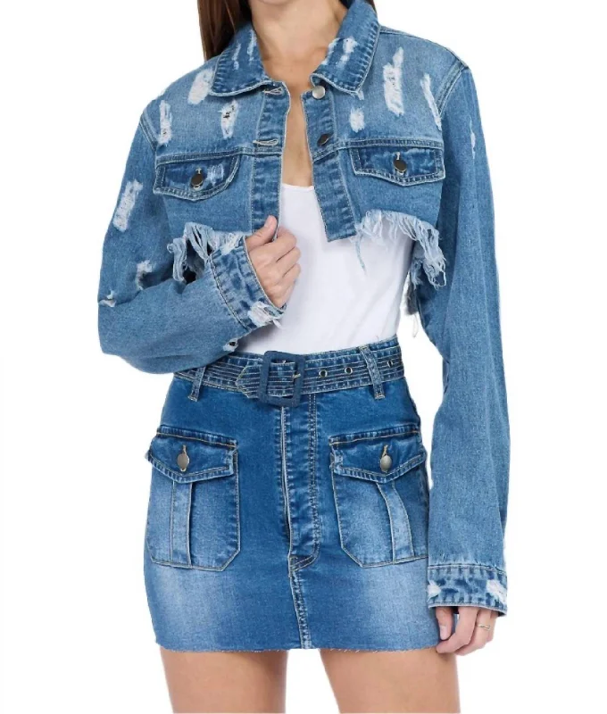 Chic Cropped Distressed Denim Jacket In Blue Women's budget jackets