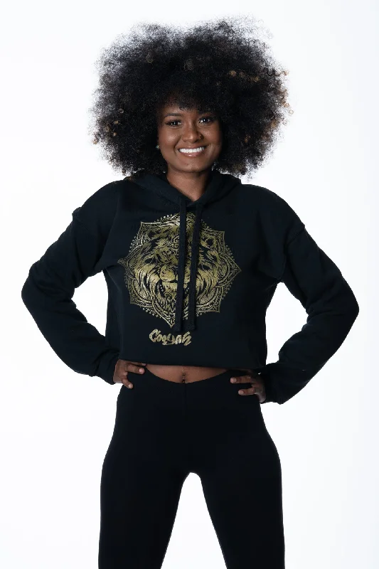 Lion Mandala Cropped Hoodie with Metallic Print Women’s Pullover Hoodie