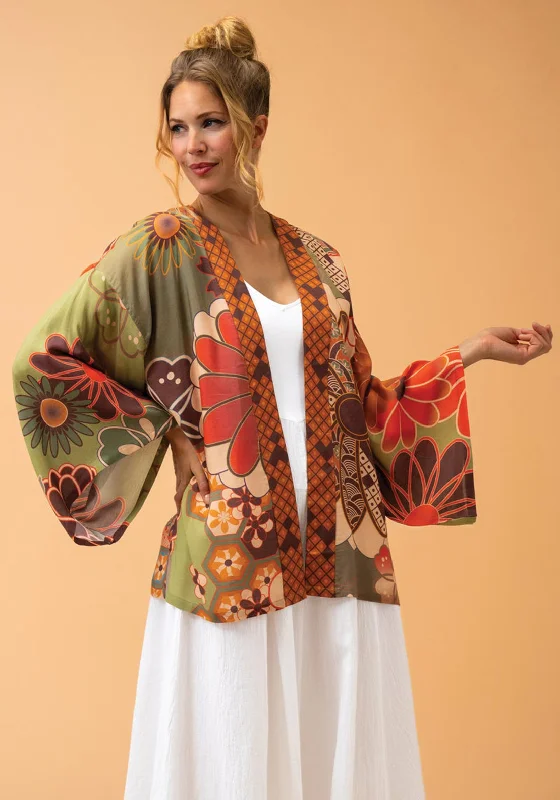 Powder 70s Kaleidoscope Floral Kimono Jacket, Sage Women's evening jackets