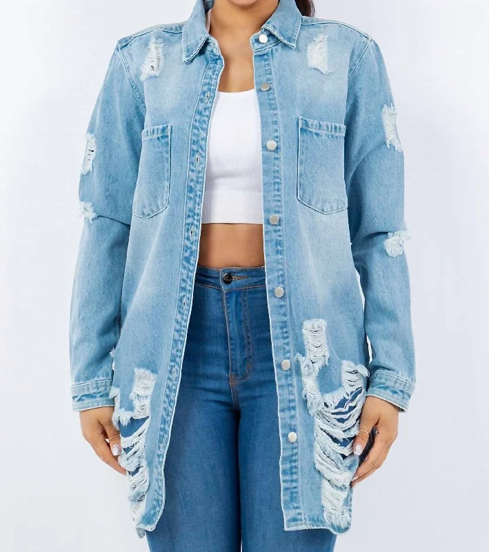 Distressed Button Up Long Sleeve Denim Jacket In Light Blue Women's leather jackets