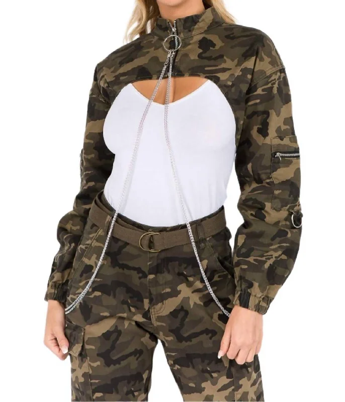 Camouflage Cropped Jacket With Chains In Olive Camo Women's softshell jackets