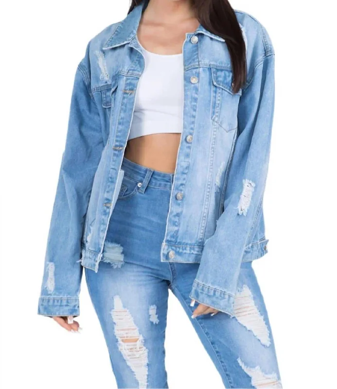 Full Size Painted Back Distressed Denim Jacket In Blue Women's party jackets