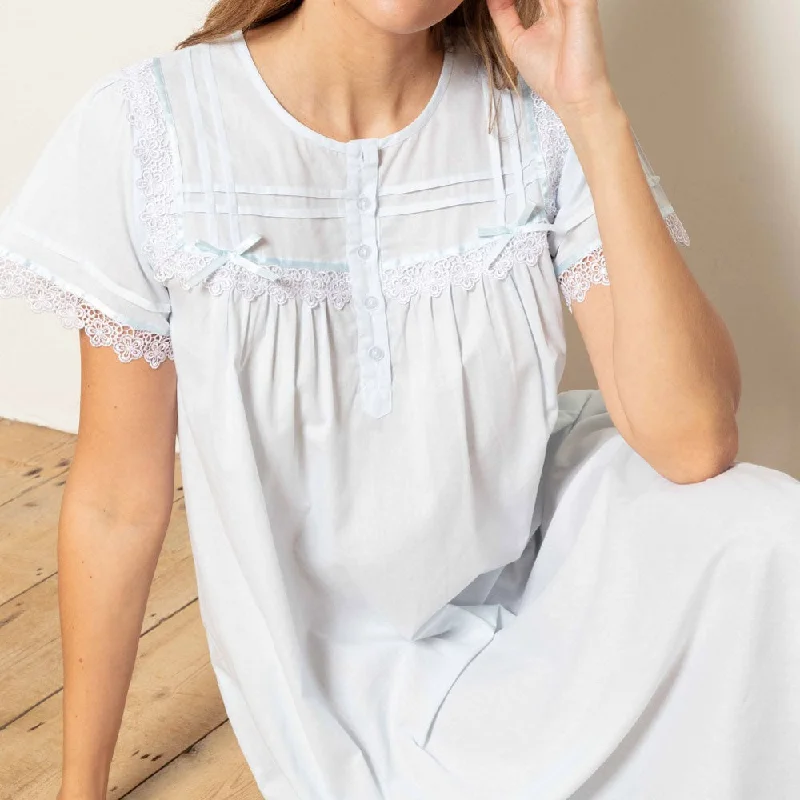 Cottonreal 'Cara' Victorian Cotton Lawn Short Sleeve Nightdress in Pale Blue Personalized pajama sets