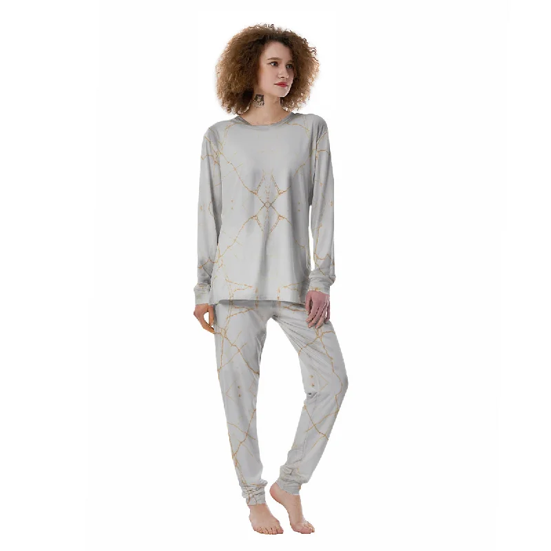 Scratch Marble White Gold Print Pattern Women's Pajamas Best pajama sets for cold weather