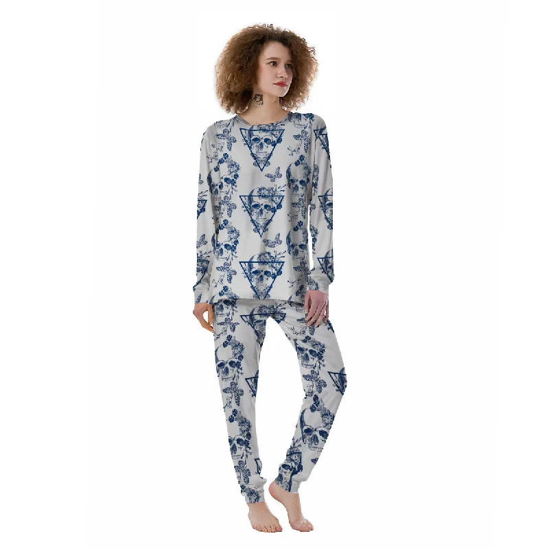 Skull Floral White And Blue Print Pattern Women's Pajamas Sexy pajama sets