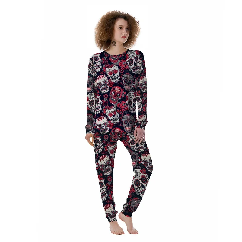 Skull Flower Red Sugar Print Pattern  Women's Pajamas Cooling pajama sets