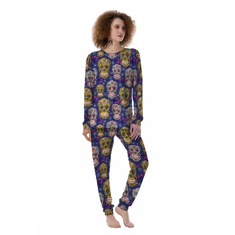 Skull Teal Sugar Print Pattern Women's Pajamas Bamboo pajama sets