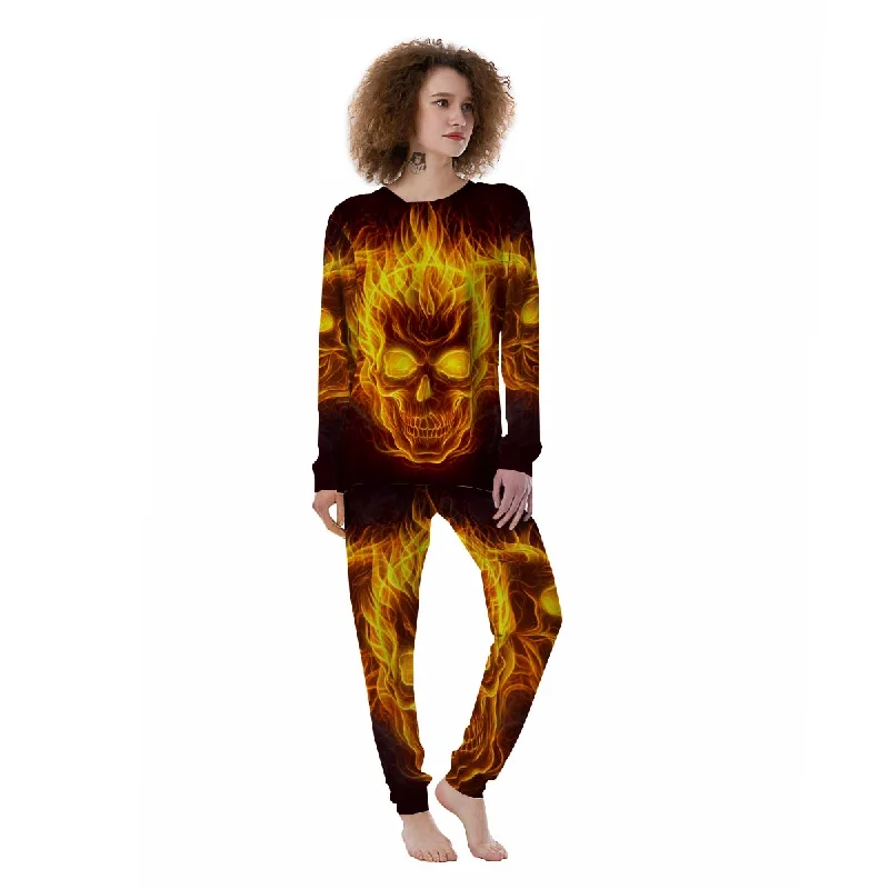 Skull Three Flaming Print Women's Pajamas Fleece pajama sets