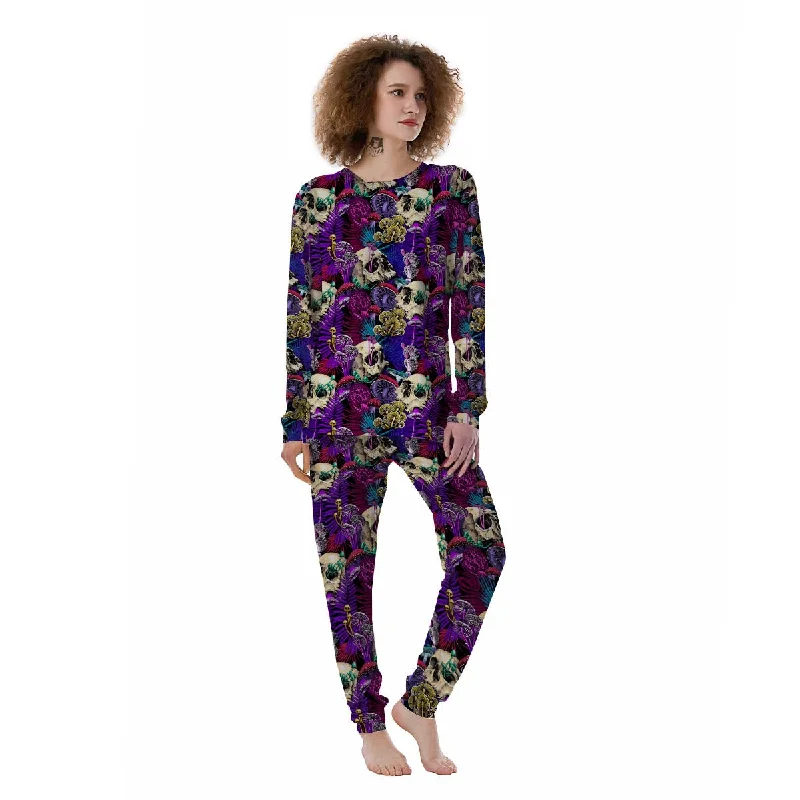 Skull Trippy Print Pattern Women's Pajamas Silk pajama sets