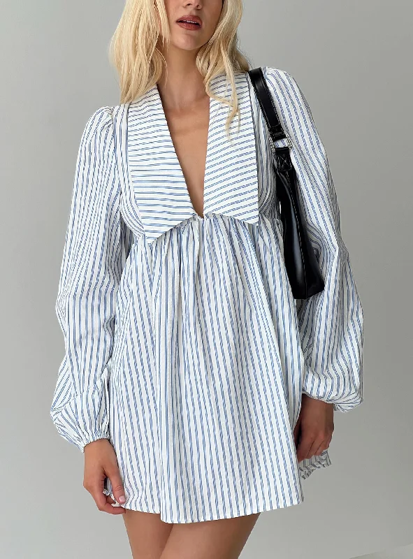 Ronelle Collared Long Sleeve Mini Dress Blue Stripe Vintage mini dresses