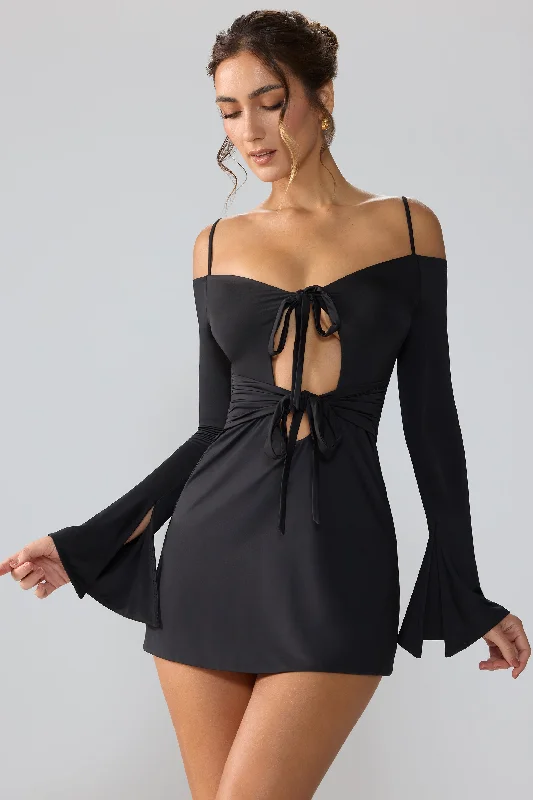 Slinky Jersey Long Sleeve Cut Out Mini Dress in Black Luxury mini dresses