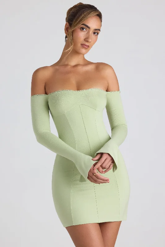 Modal Off-Shoulder Lace-Trim Mini Dress in Spring Green Street style mini dresses